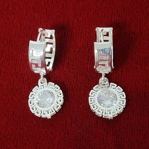 Greek Key Silver Hoops 925 Cubic Zirconia Hanging Earrings‎ Jewelry Mexican New